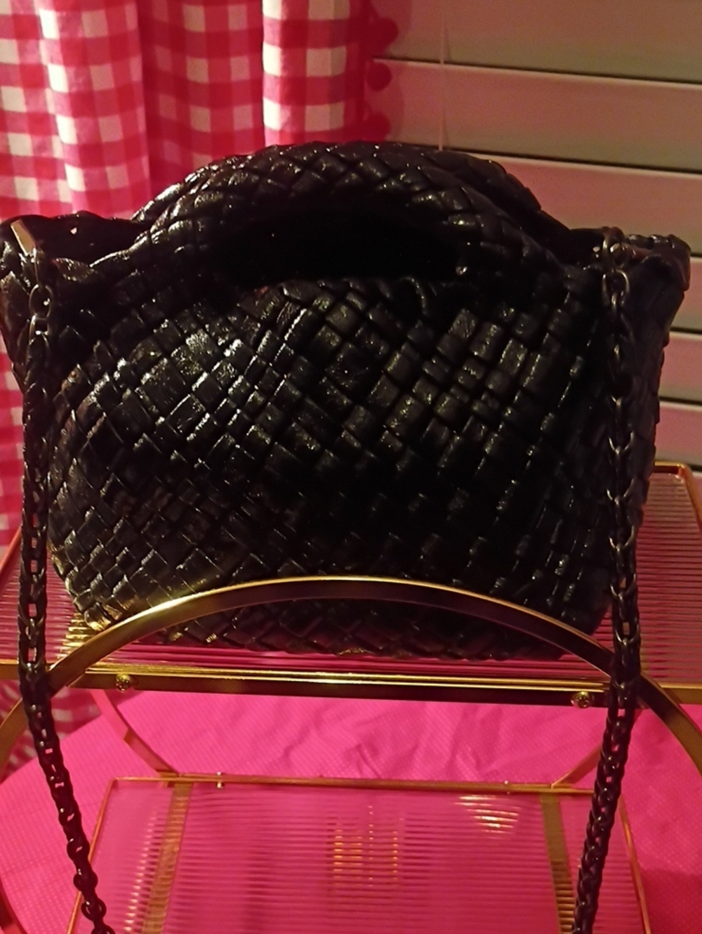 Black Woven Crossbody Bag with Chain Strap